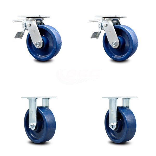 6 Inch Solid Polyurethane Caster Set with Ball Bearings 2 Brakes 2 Rigid SCC